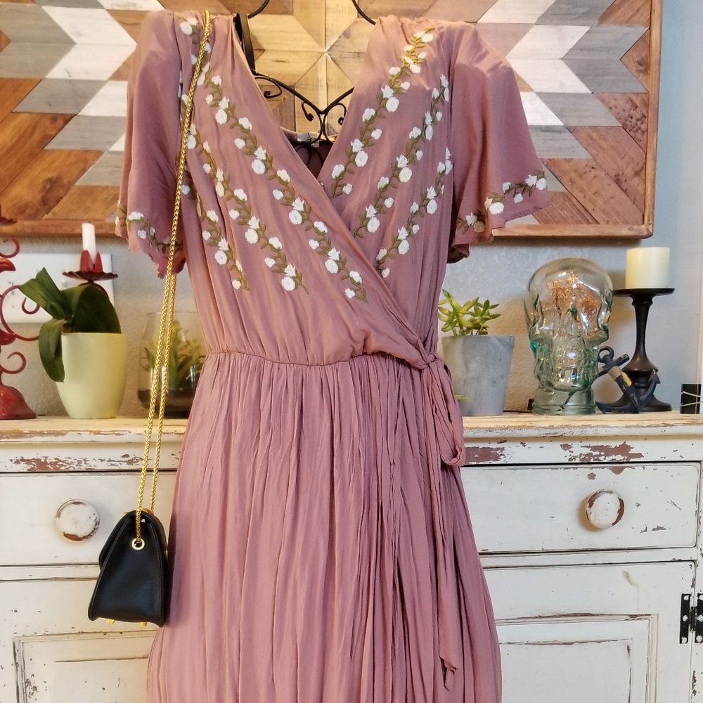 Mauve Wrap Dress with Floral Embroidery